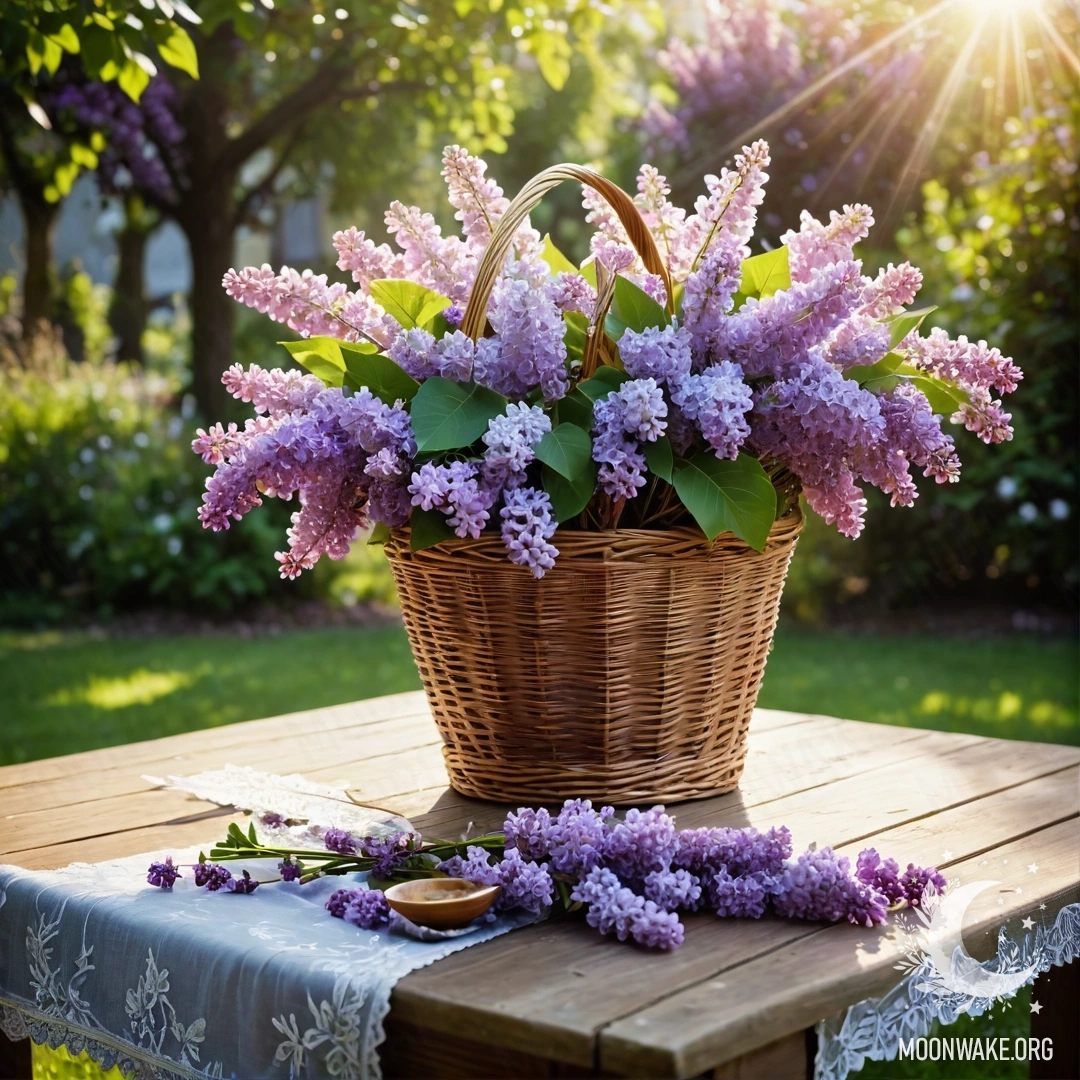Vintage Garden Table with Lilac Basket A vintage wooden table adorned with a basket of lilacs in a sun-drenched garden.