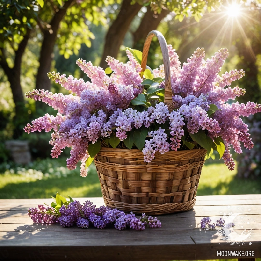 A vintage wooden table adorned with a basket of lilacs, set in a sunlit garden.