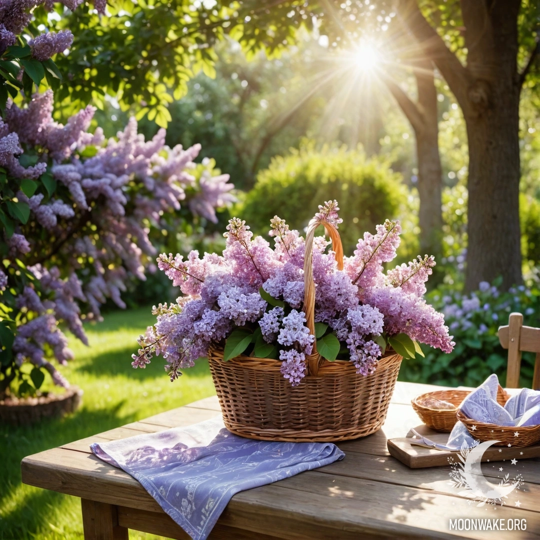 A vintage wooden table accompanied by a basket of lilacs in a sunny garden.