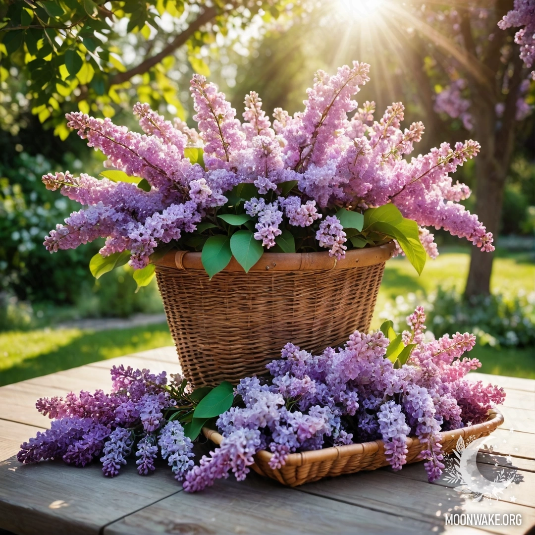 A wooden table adorned with a basket of lilacs in a sun-kissed garden.