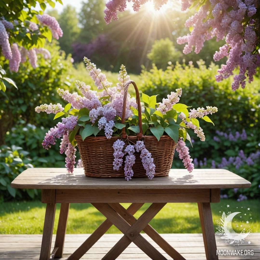A vintage wooden table with a basket of lilacs in a garden, sun rays shining through green foliage.