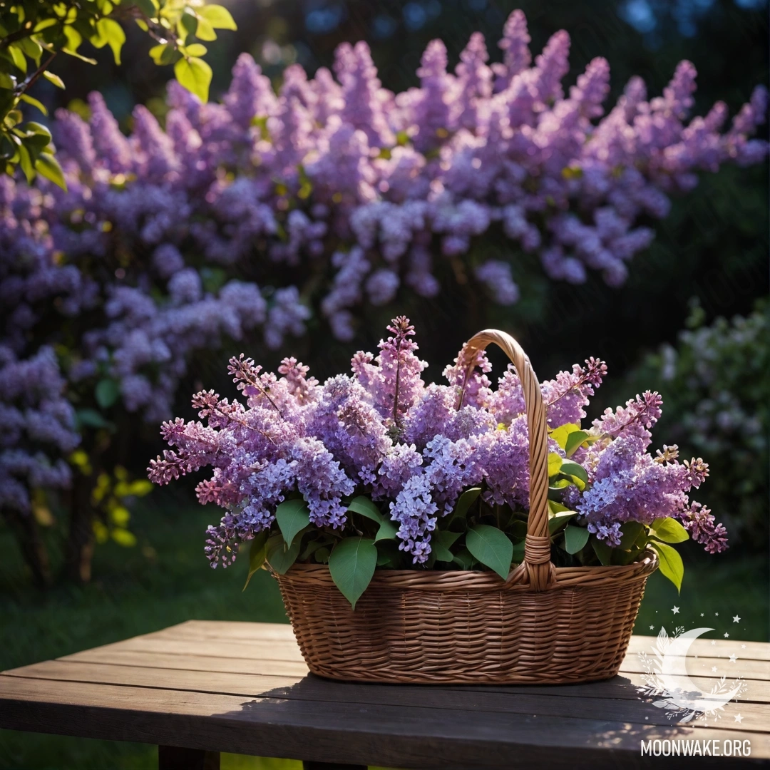 A vintage wooden table with a basket of lilacs in a nighttime garden.