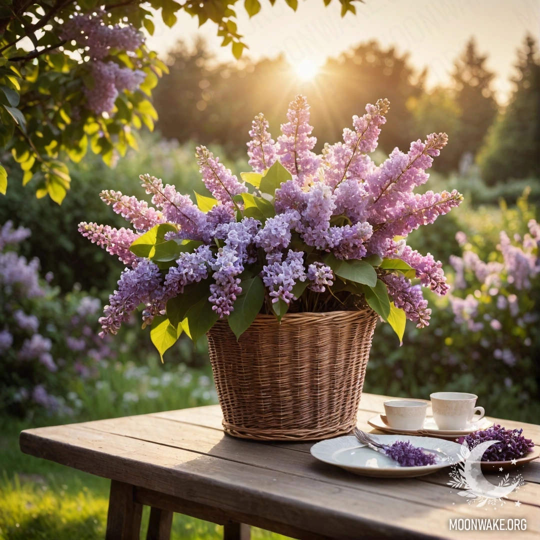 Vintage Garden Table with Lilacs A vintage wooden table adorned with a basket of lilacs in a garden at sunset.