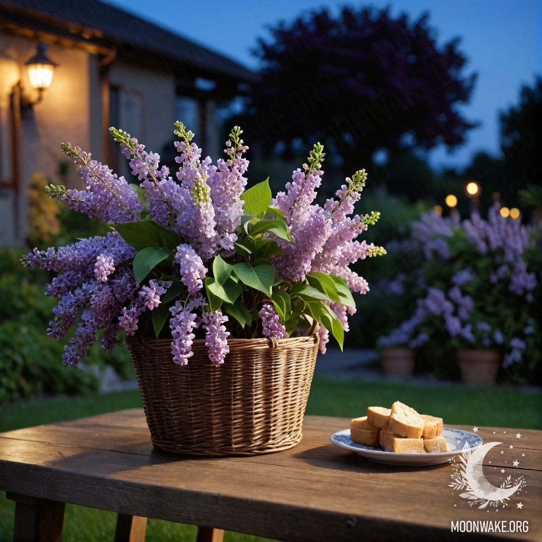 A vintage wooden table adorned with a basket of lilacs in a garden at nighttime.