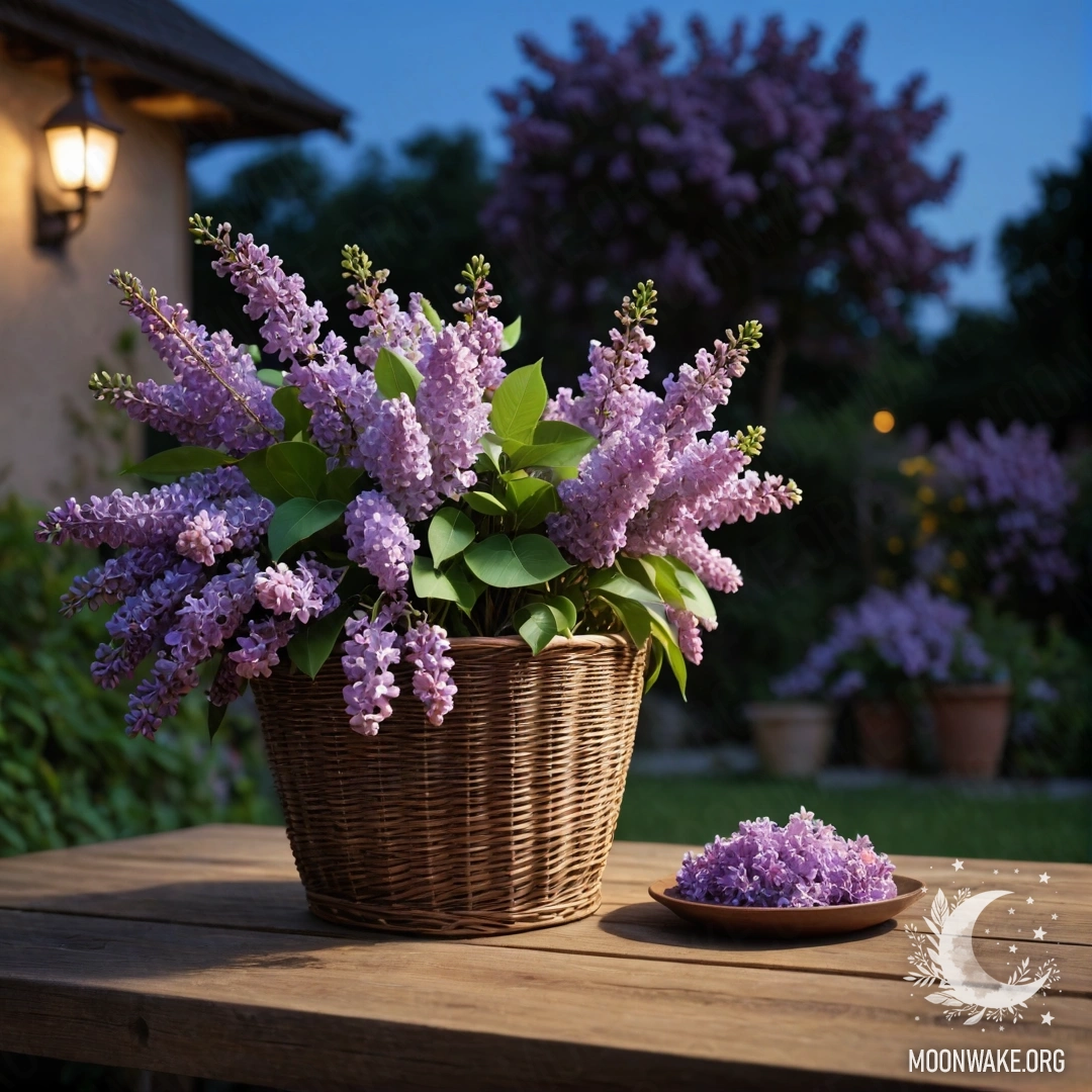 A vintage wooden table with a basket of lilacs in a garden at night.