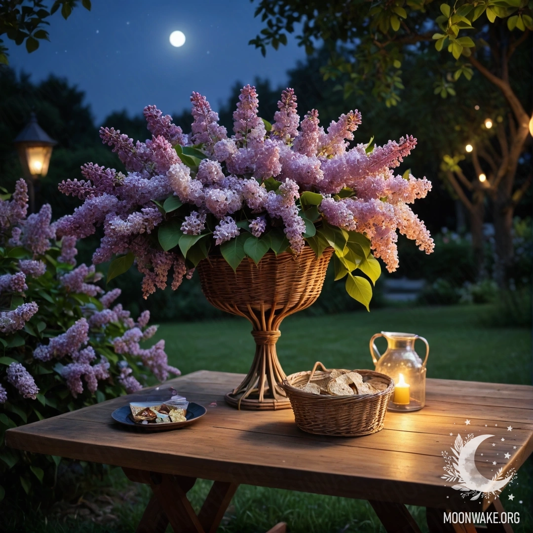 Vintage Wooden Table with Lilacs at Night A beautiful vintage wooden table with a basket of lilacs in a garden at night.