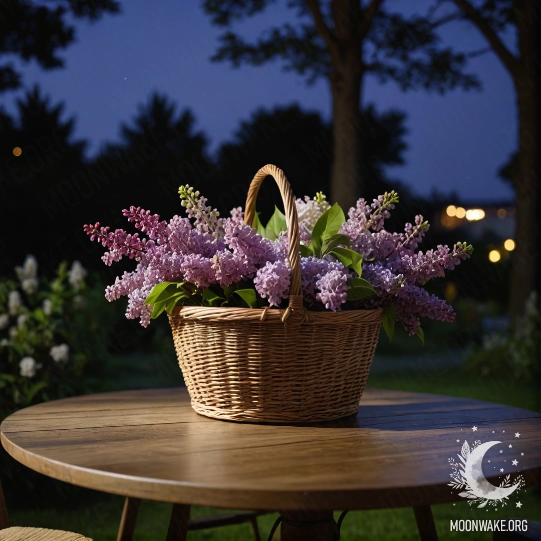 Vintage Wooden Table with Lilacs at Night A vintage wooden table adorned with a basket of lilacs in a garden at night.