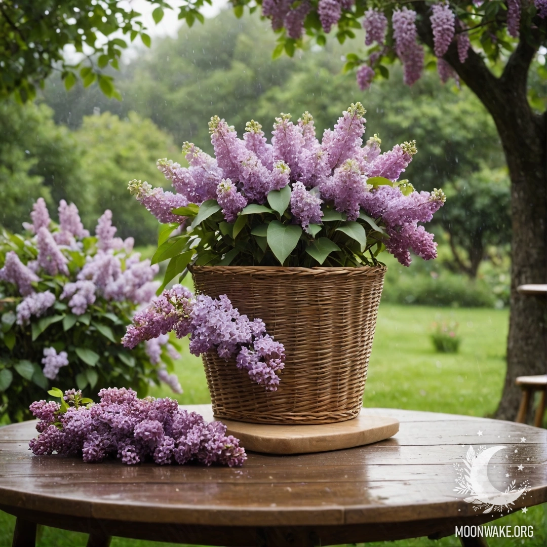 A peaceful vintage wooden table with a basket of lilacs in a garden amidst lush greenery under the rain.