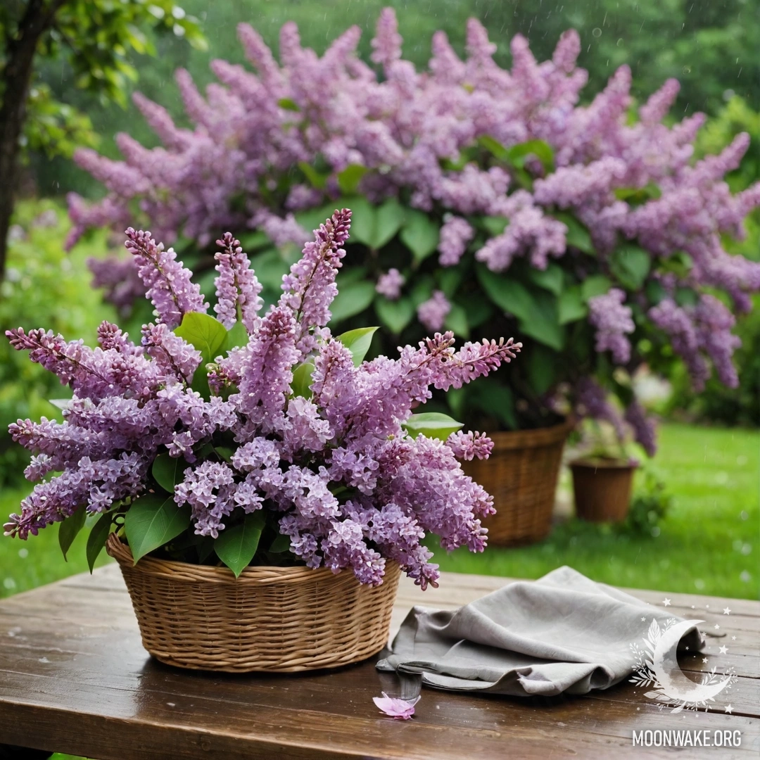A vintage wooden table beside a basket of lilacs in a rainy garden.