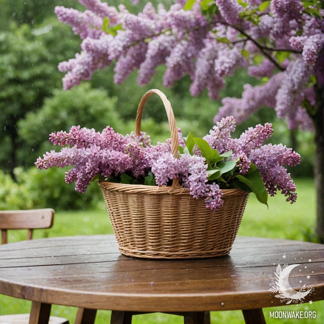 A vintage wooden table with a basket of lilacs in a lush garden under rain.