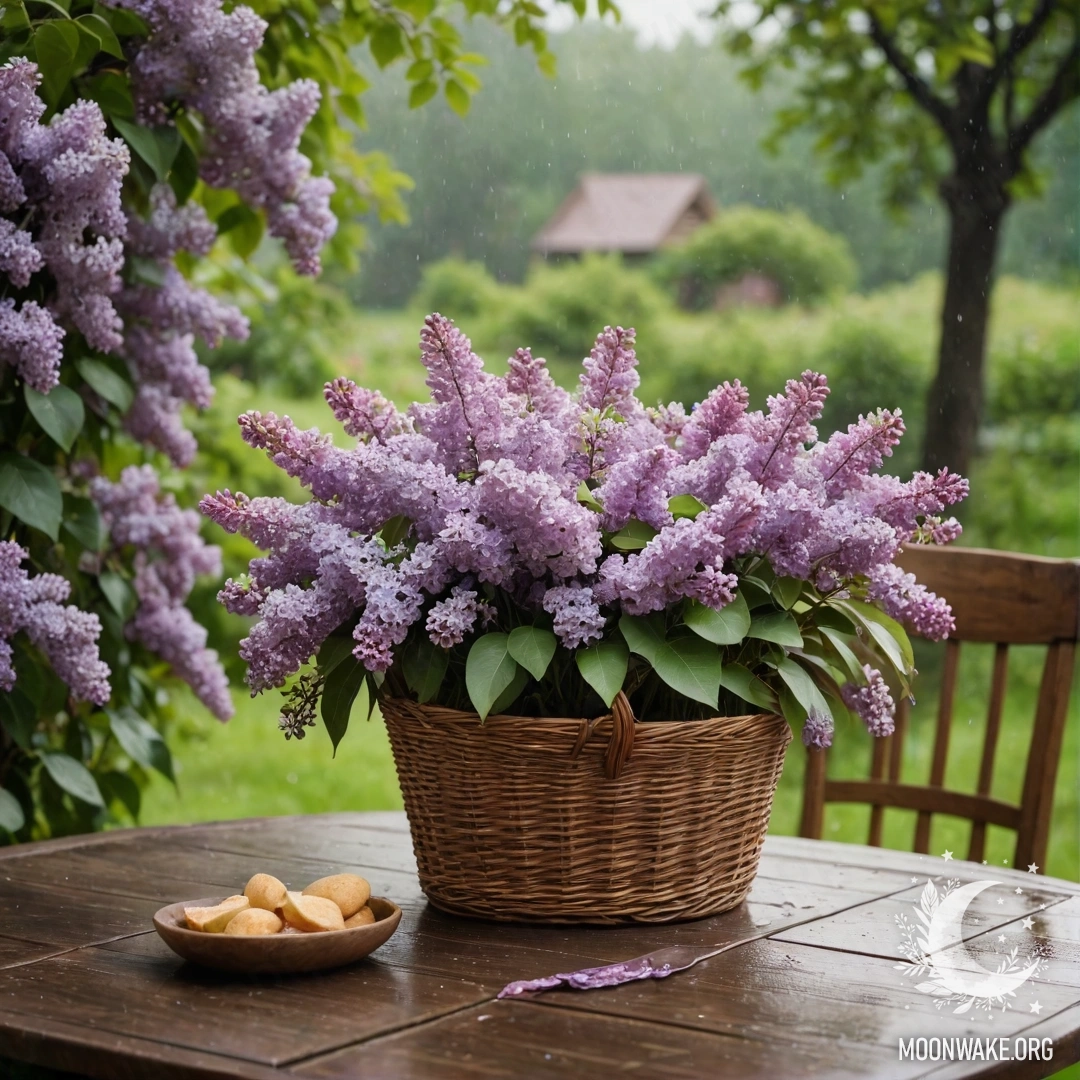 Vintage Wooden Table with Lilacs in the Rain A vintage wooden table with a basket of lilacs in a garden under the rain.