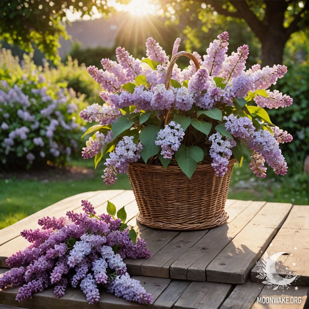 Vintage Wooden Table with Lilacs at Sunset Beautiful vintage wooden table in a garden with a basket of lilacs at sunset.
