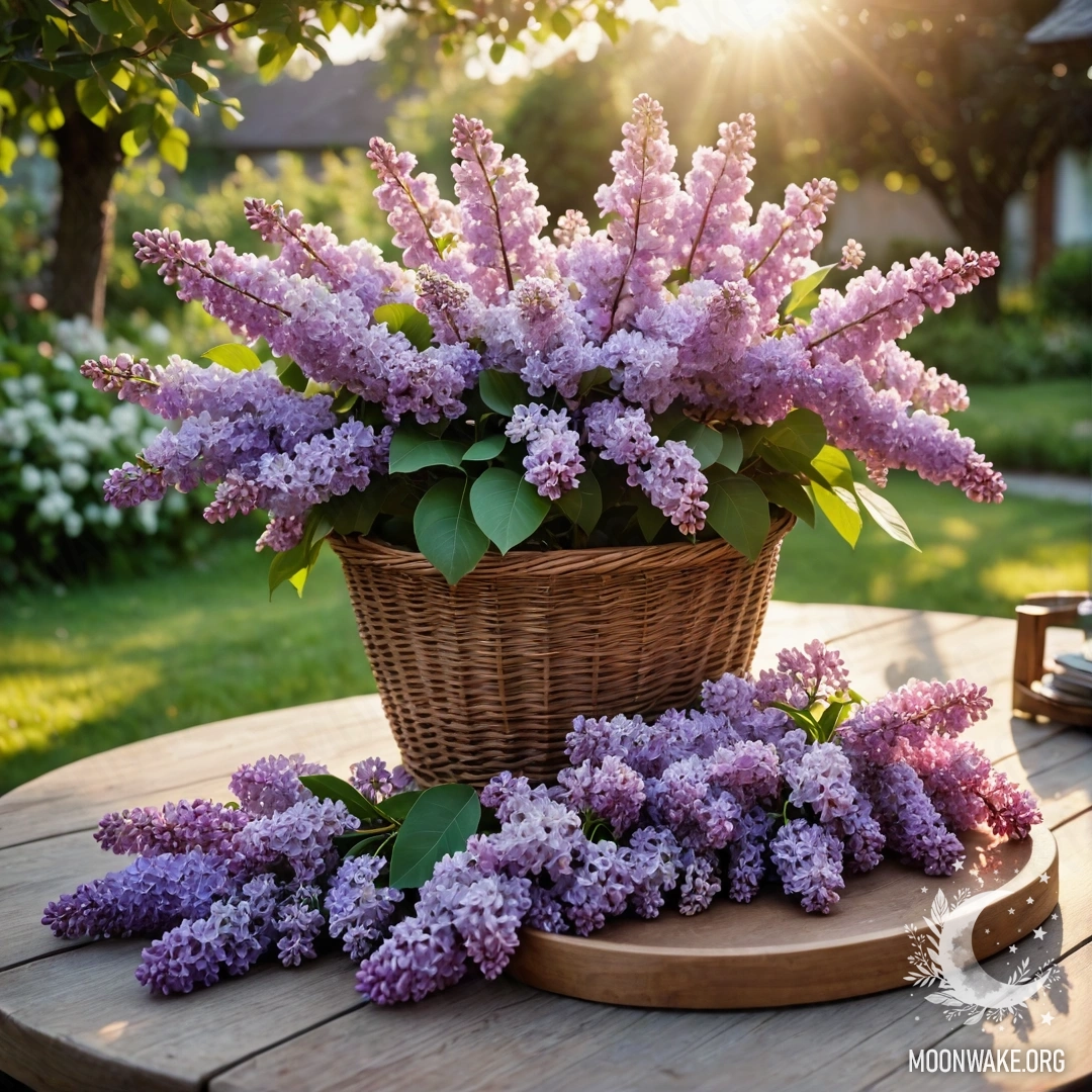 Vintage Wooden Table with Lilacs at Sunset A vintage wooden table beside a basket of lilacs in a garden during sunset.