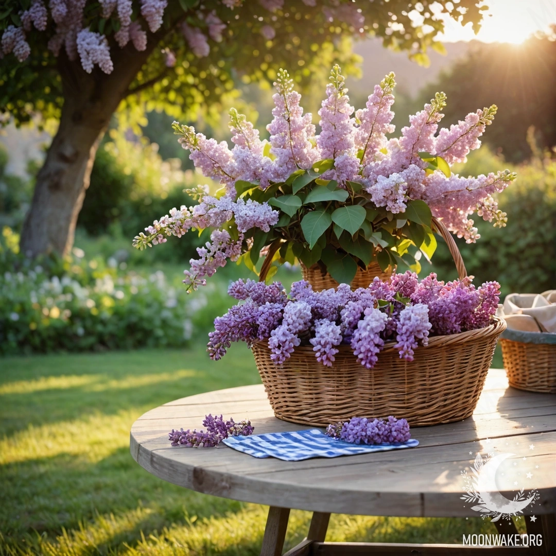 A vintage wooden table with a basket of lilacs in a garden during sunset.