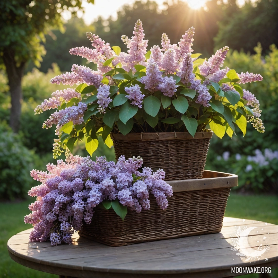 Vintage Wooden Table with Lilacs at Sunset A vintage wooden table with a basket of lilacs in a garden at sunset.