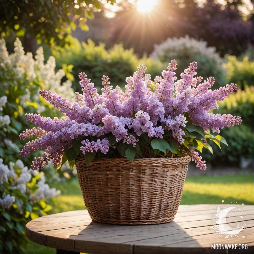 Vintage Wooden Table with Lilacs at Sunset A vintage wooden table and a basket filled with lilacs in a garden at sunset.