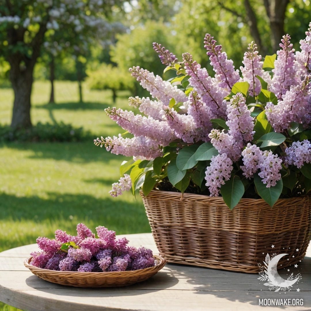 A vintage wooden table set in a garden with a basket of lilacs.