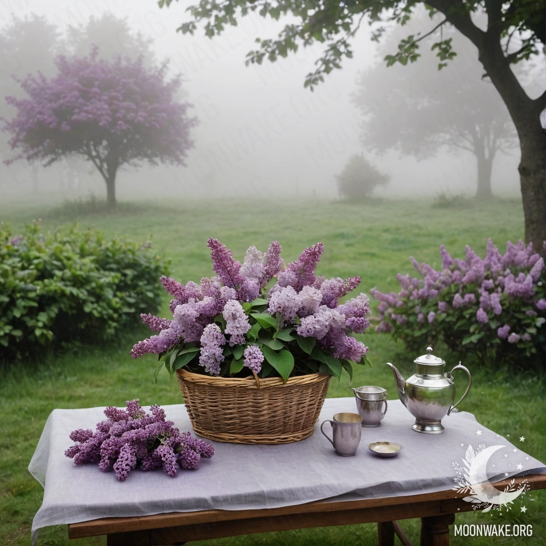 Vintage Wooden Table with Lilacs in Foggy Garden A vintage wooden table with a basket of lilacs in a foggy garden.