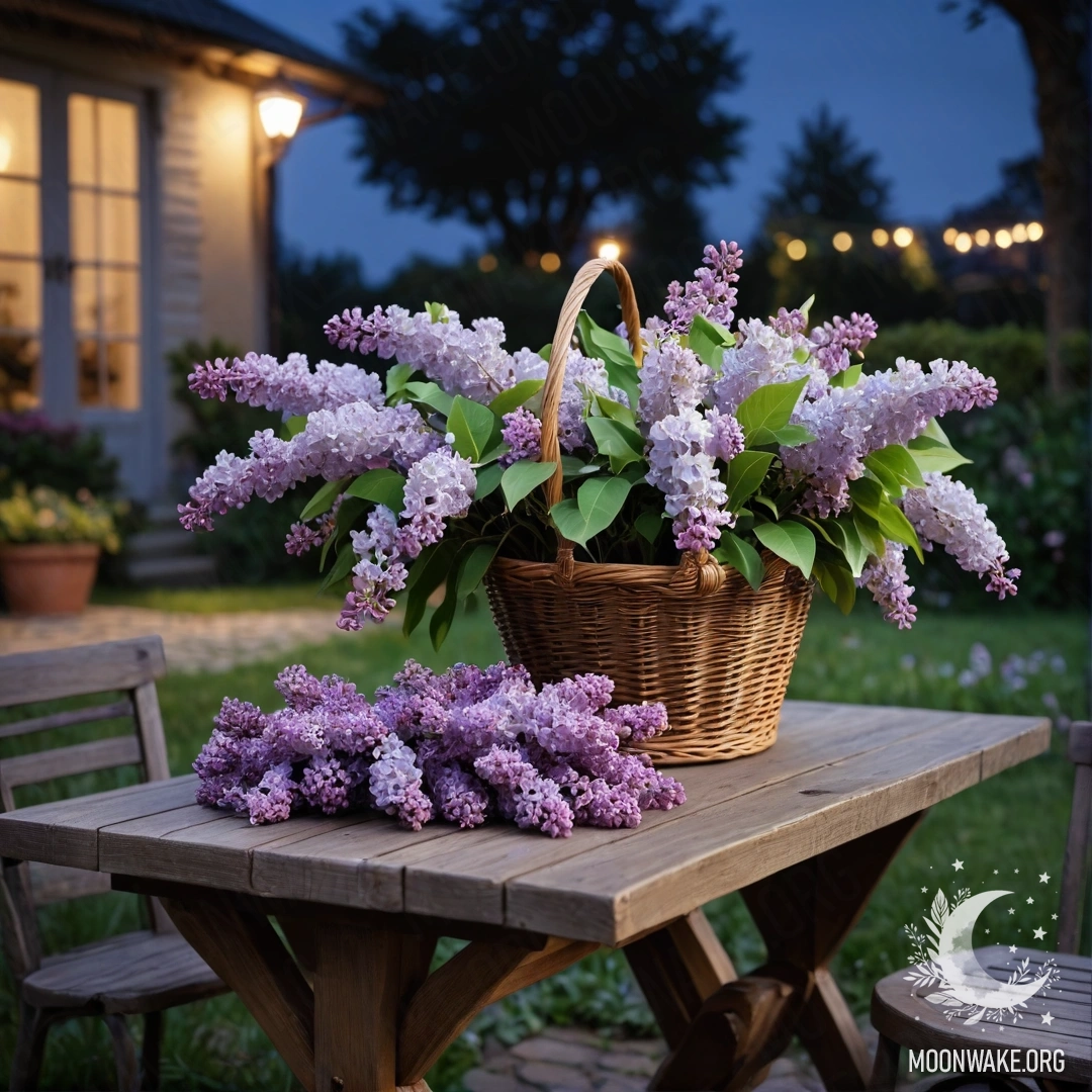 A beautiful wooden table with a basket of lilacs in a garden at night.