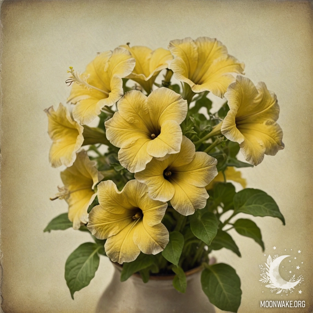 Vintage Yellow Petunia Bouquet in Mist A delicate bouquet of yellow petunias enveloped in mist.