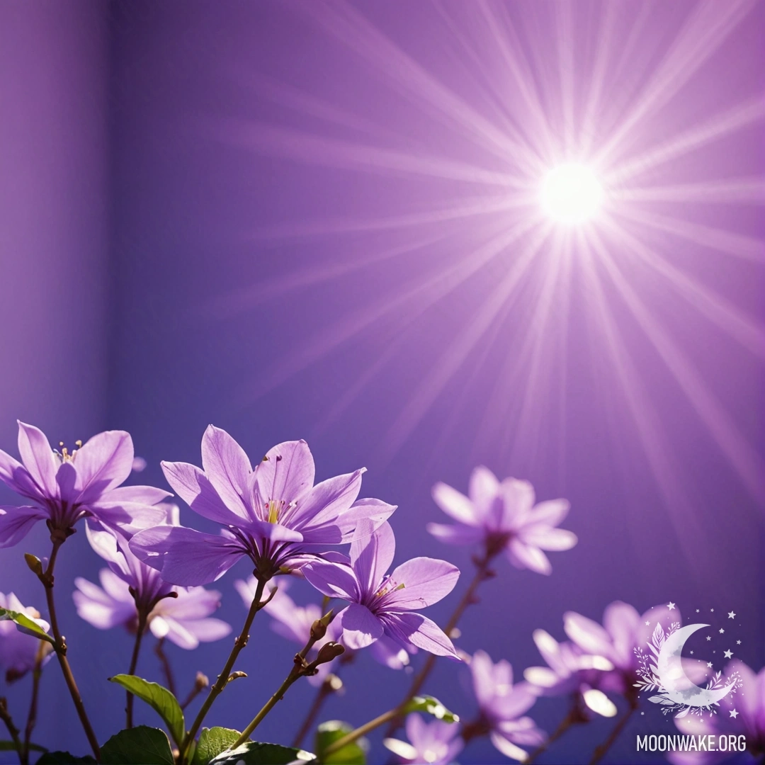 A tranquil, blue background adorned with beautiful violets and sunny rays.
