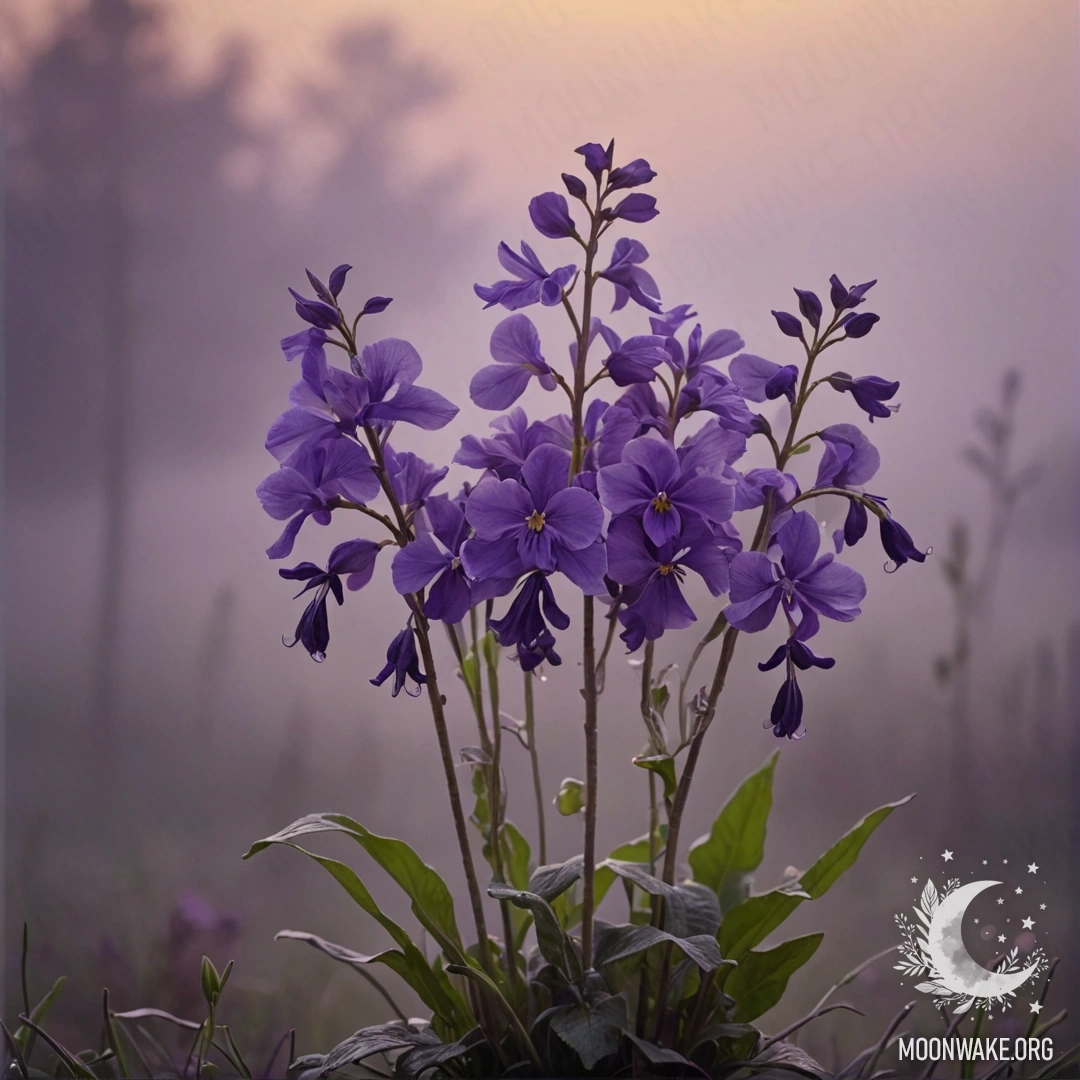 A bouquet of purple violets enveloped in gentle fog at sunset.