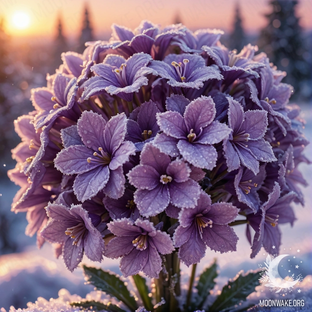 A bouquet of pink violets covered in frost during sunset.