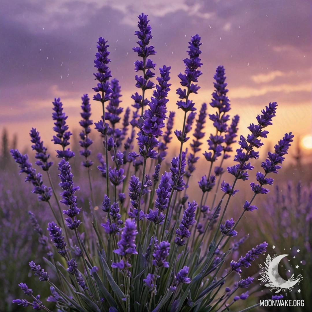 A beautiful violet bouquet in misty rain during sunset.