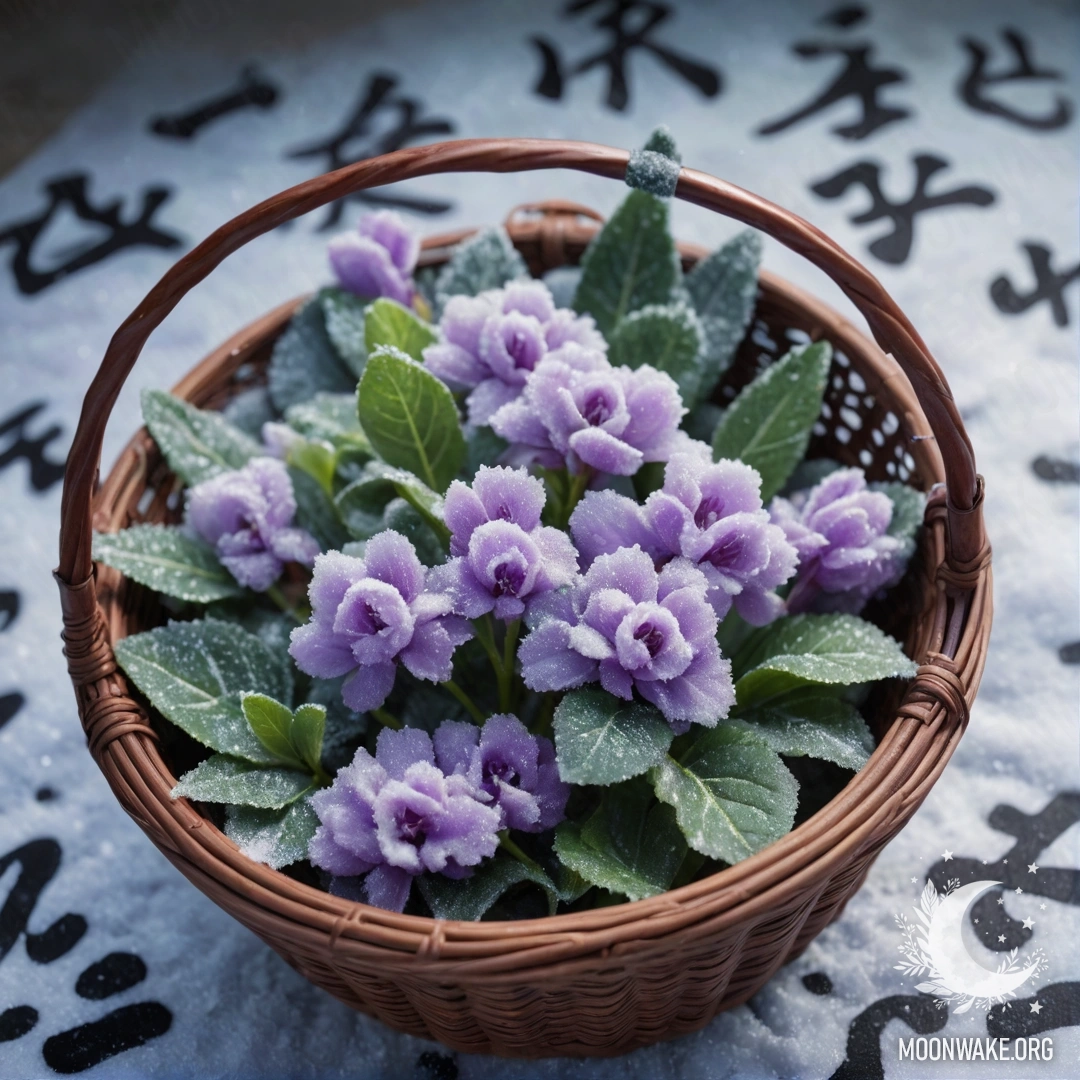 A beautiful violet flower resting in a frost-covered green basket.