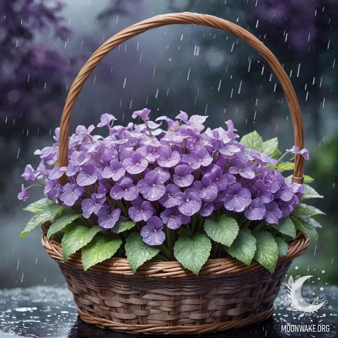 Violet in a Misty Rainy Night Basket A violet flower in a mint-colored basket surrounded by mist and rain at night.