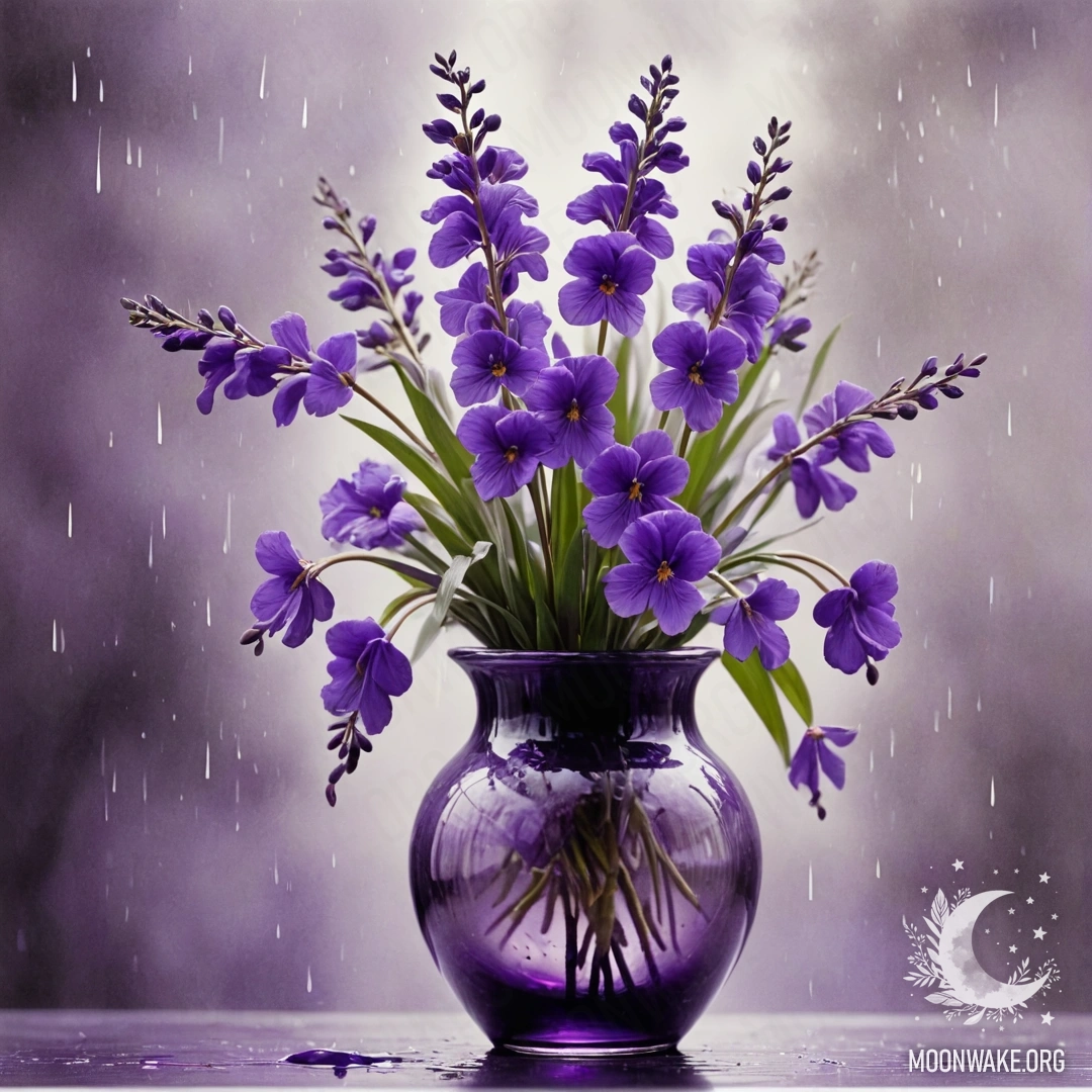A violet flower in a vase of olive color, surrounded by rain and mist.