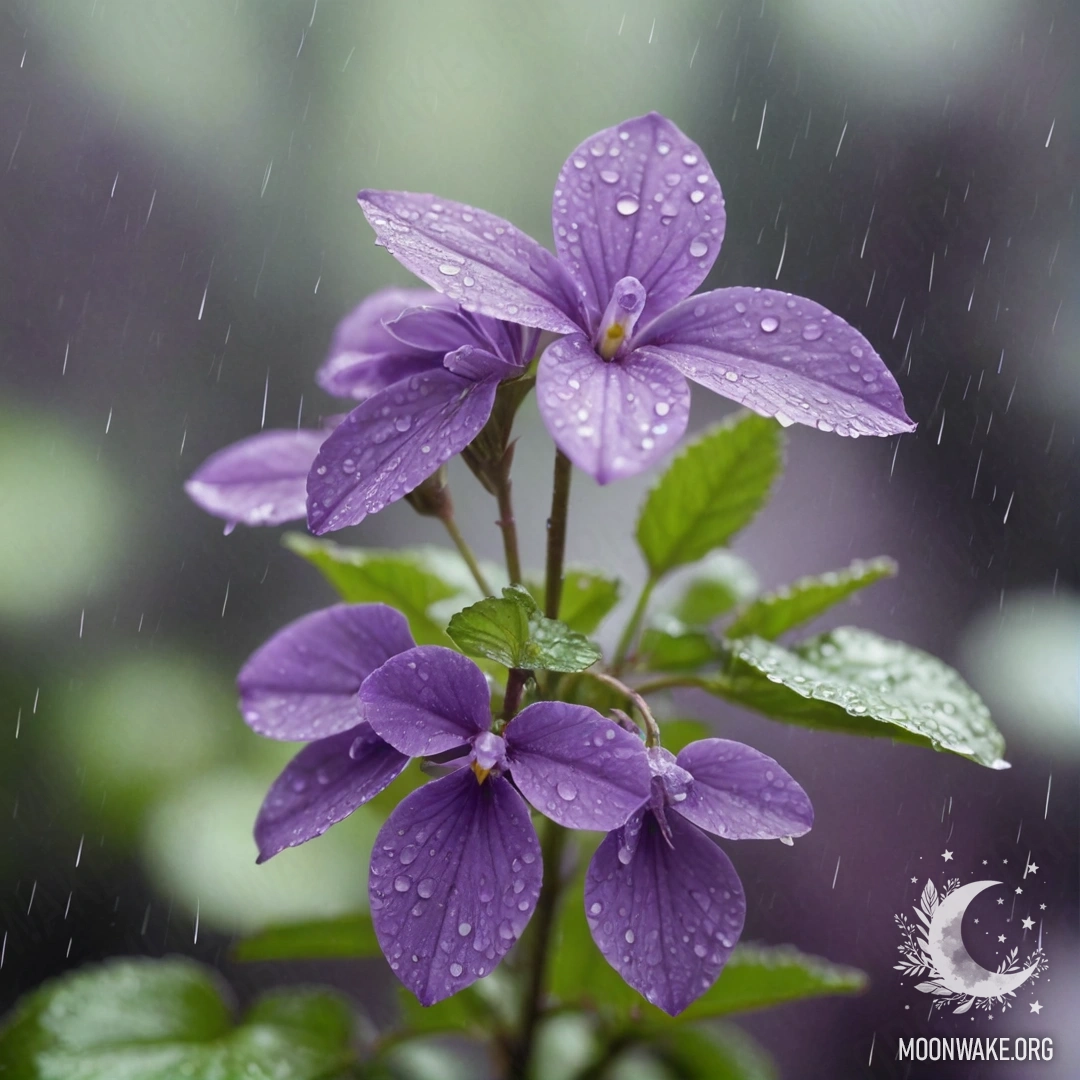 A beautiful violet flower surrounded by mist and raindrops, with a lime green background.