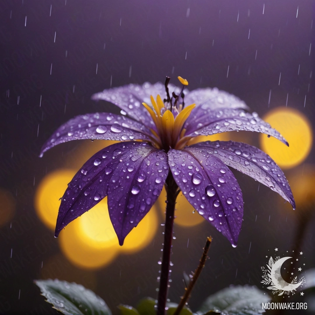 Violet Minimalism in Rainy Night A minimalist scene with violet mist and yellow rhinestones under rain at night.