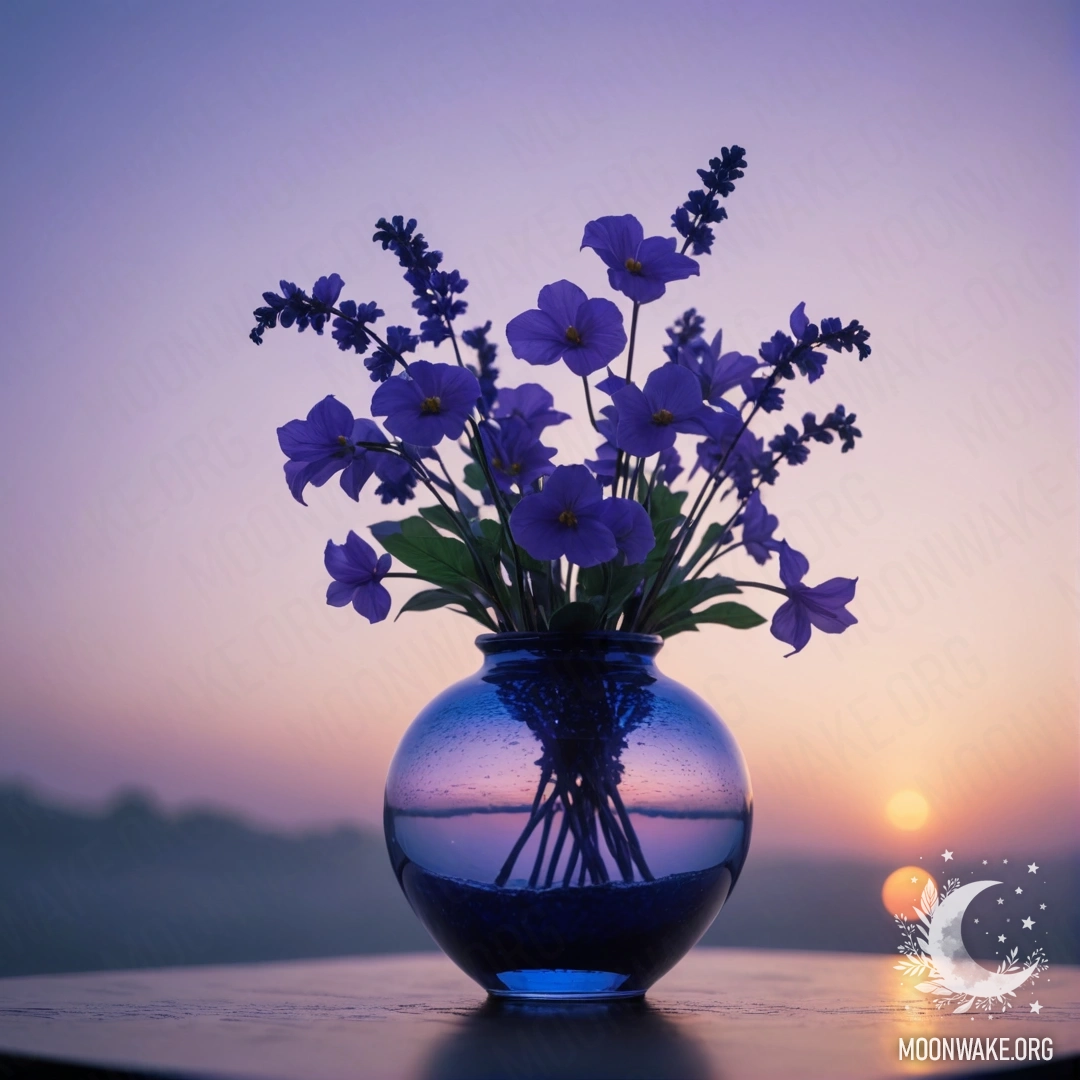 Violet Minimalism in Sunset Mist A blue vase holds violet flowers, surrounded by mist at sunset.