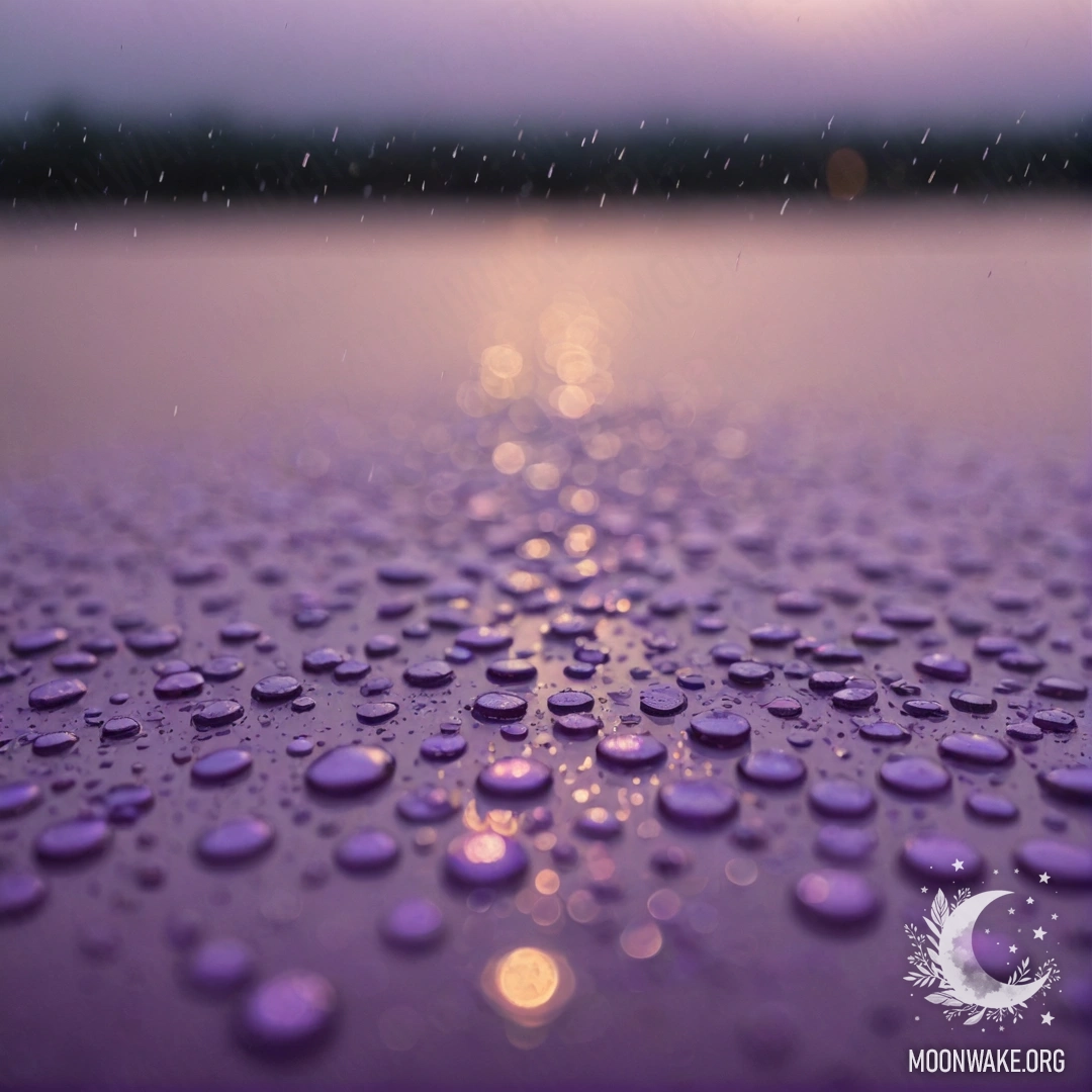 Violet Minimalism Under Rain at Sunset A serene scene of violet hues and raindrops at sunset, adorned with shimmering sequins.