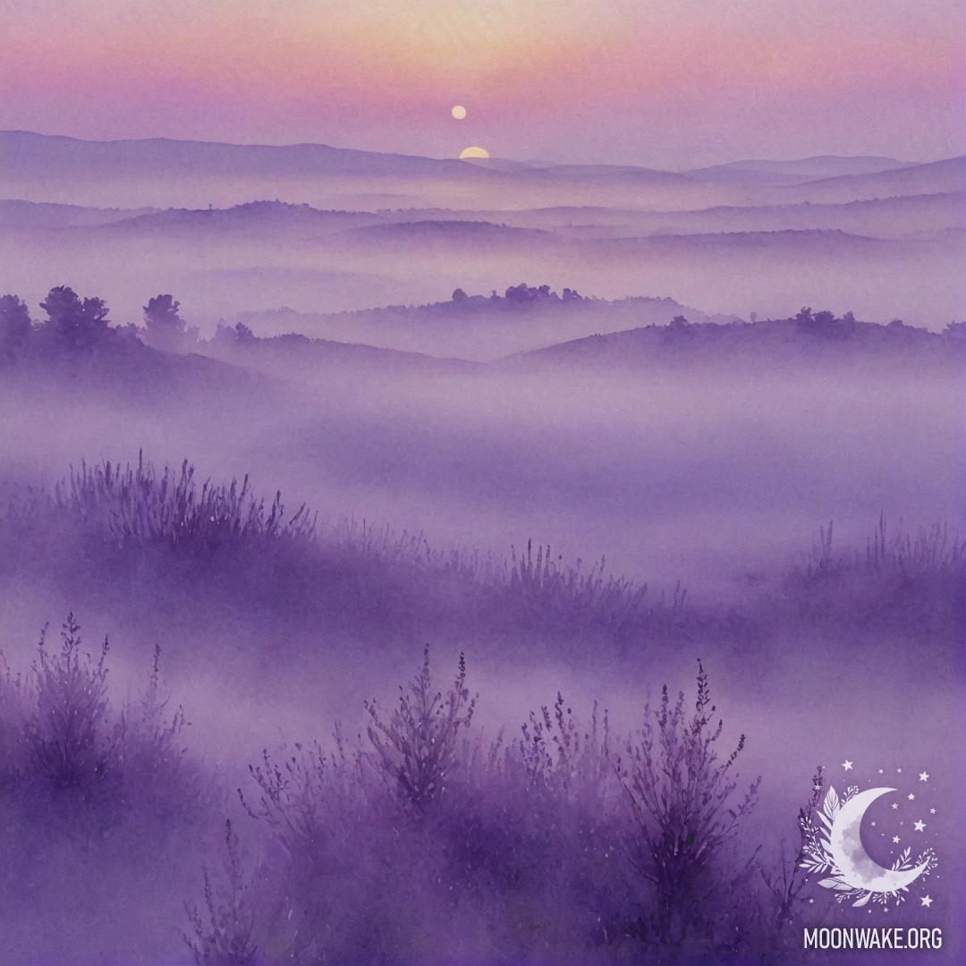 A watercolor painting depicting minimalistic violet patterns amidst sage-colored mist at sunset.