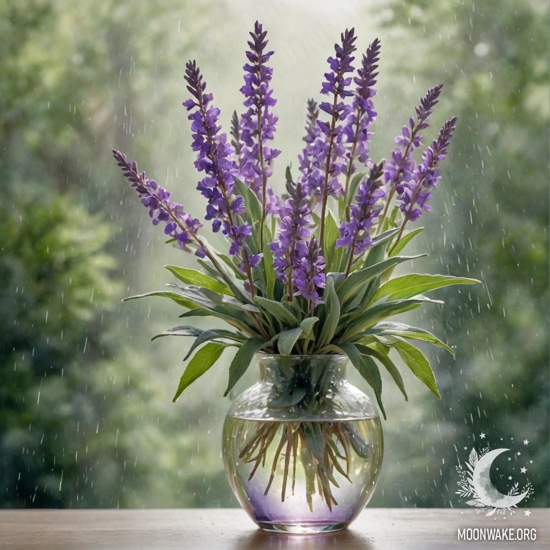 A vase with peaceful violet flowers in the mist under the rain, sun rays shining through.
