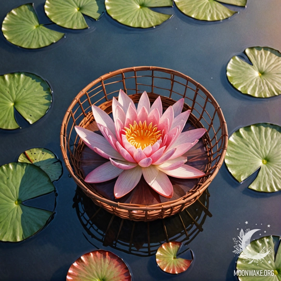 A water lily with a web at sunset nestled in a red basket.