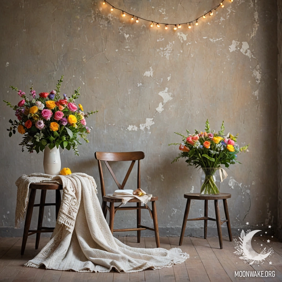 Whimsical Bouquet on a Cozy Blanket A chair against a shabby wall with a blanket and a bouquet of flowers