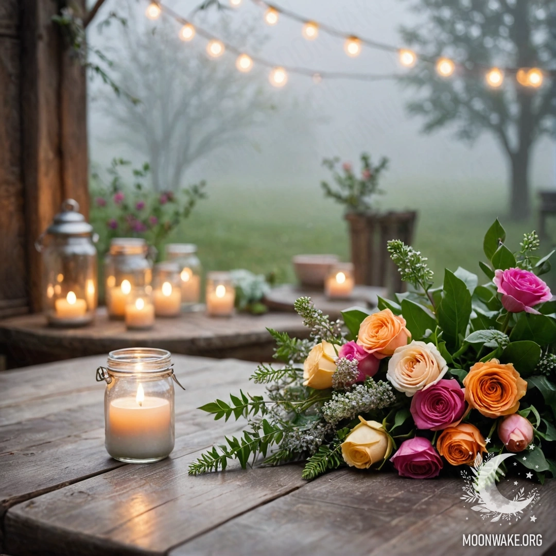Whimsical Floral Arrangement on Rustic Table A rustic wooden table with a jar of flowers and a bokeh background.