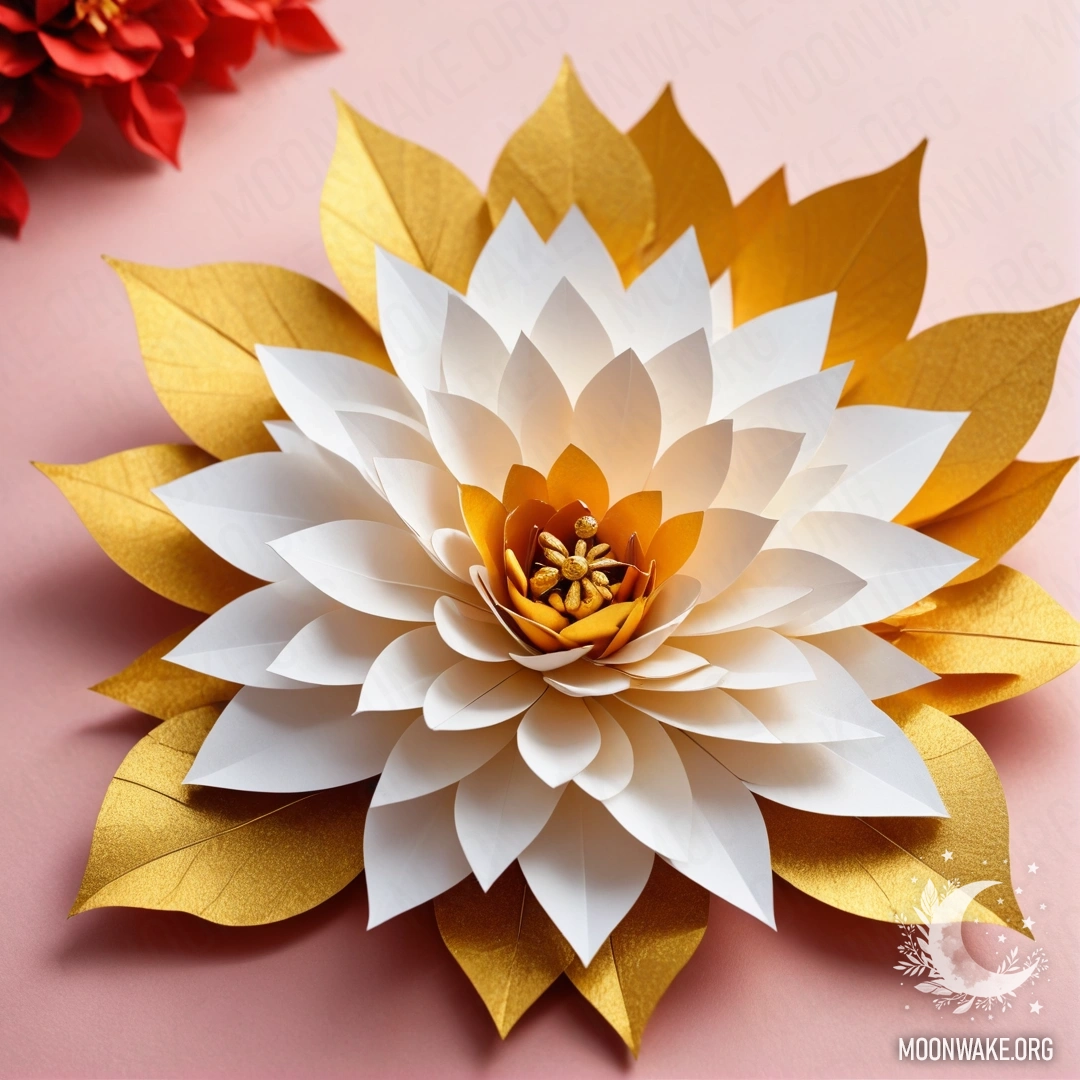 A delicate flower made of paper with paper petals, stem, and leaves.