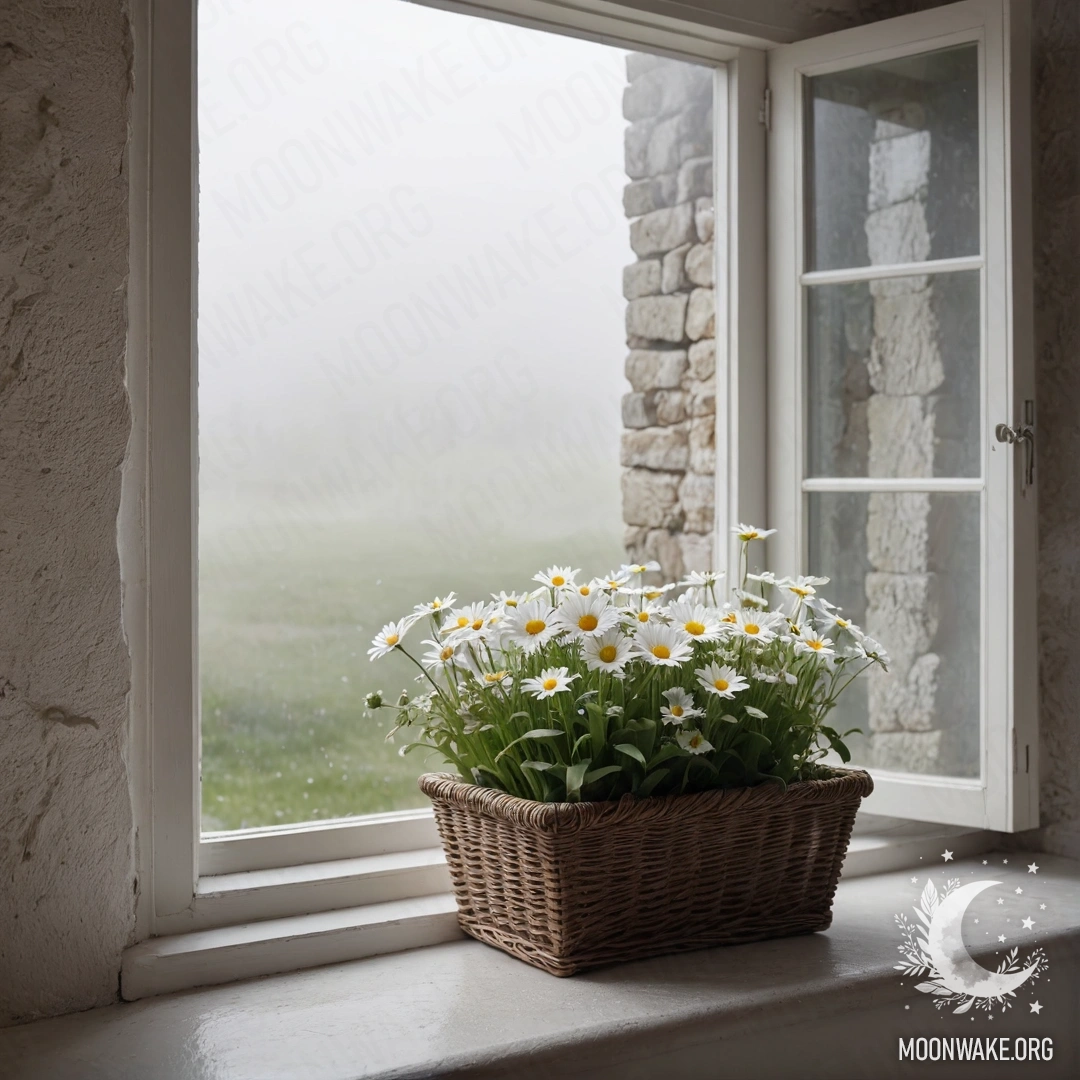 A sweet white stone wall with an open window and a basket of daisies on the misty windowsill.