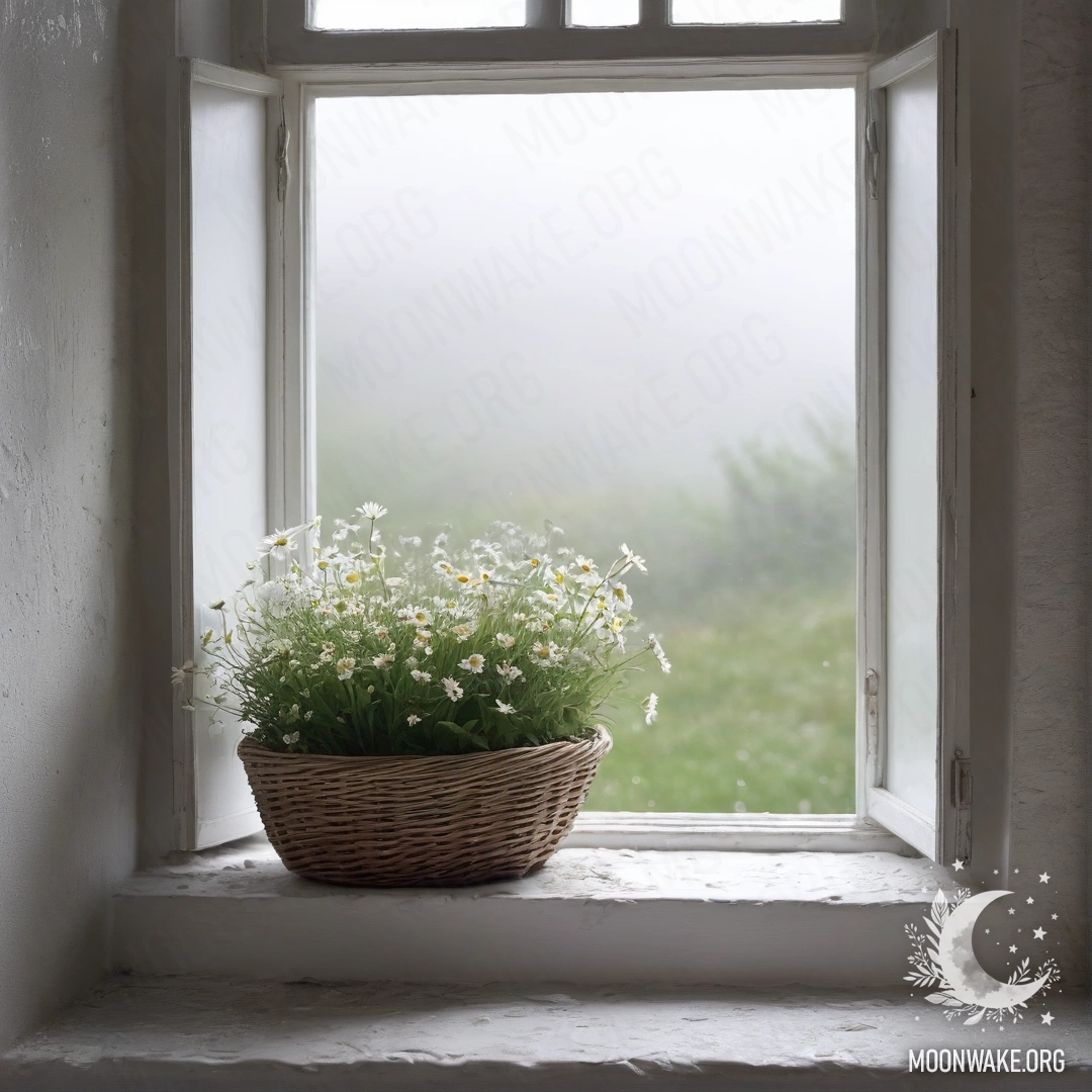 An abstract white stone wall with an open window and a basket of daisies on the windowsill, surrounded by dense fog.