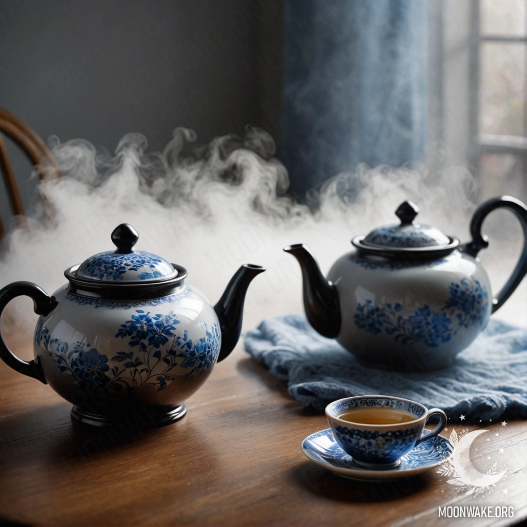 A round wooden table with a porcelain teapot filled with blue flowers in thick fog.