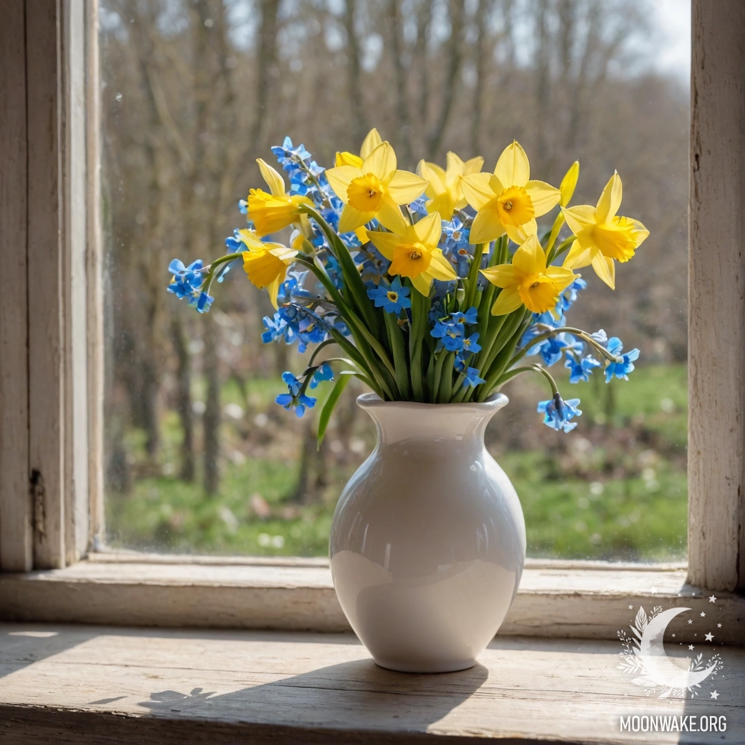A white porcelain vase with daffodils and forget-me-nots on an old wooden window sill.