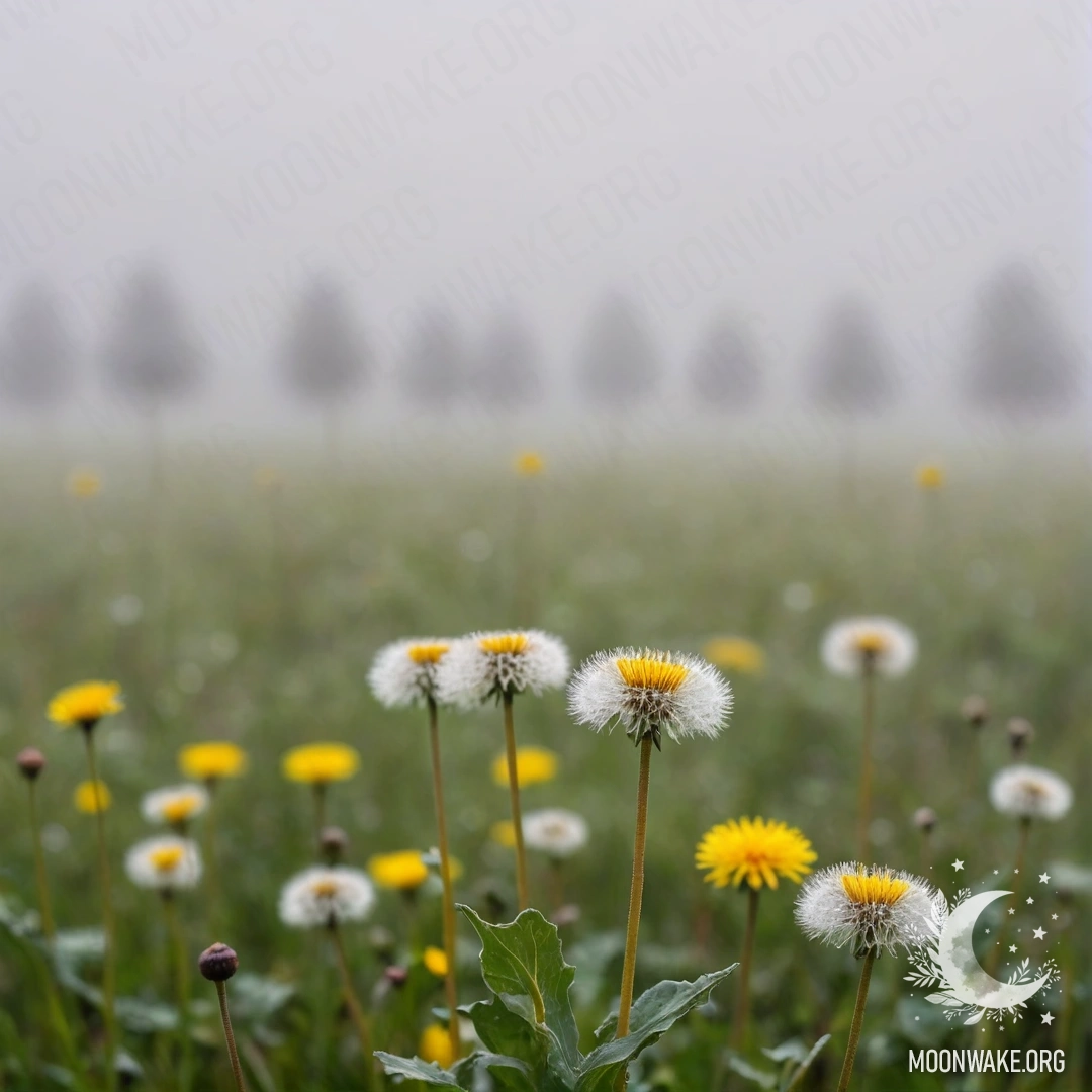 Close-up of dandelions surrounded by a bokeh of field flowers in dense fog.