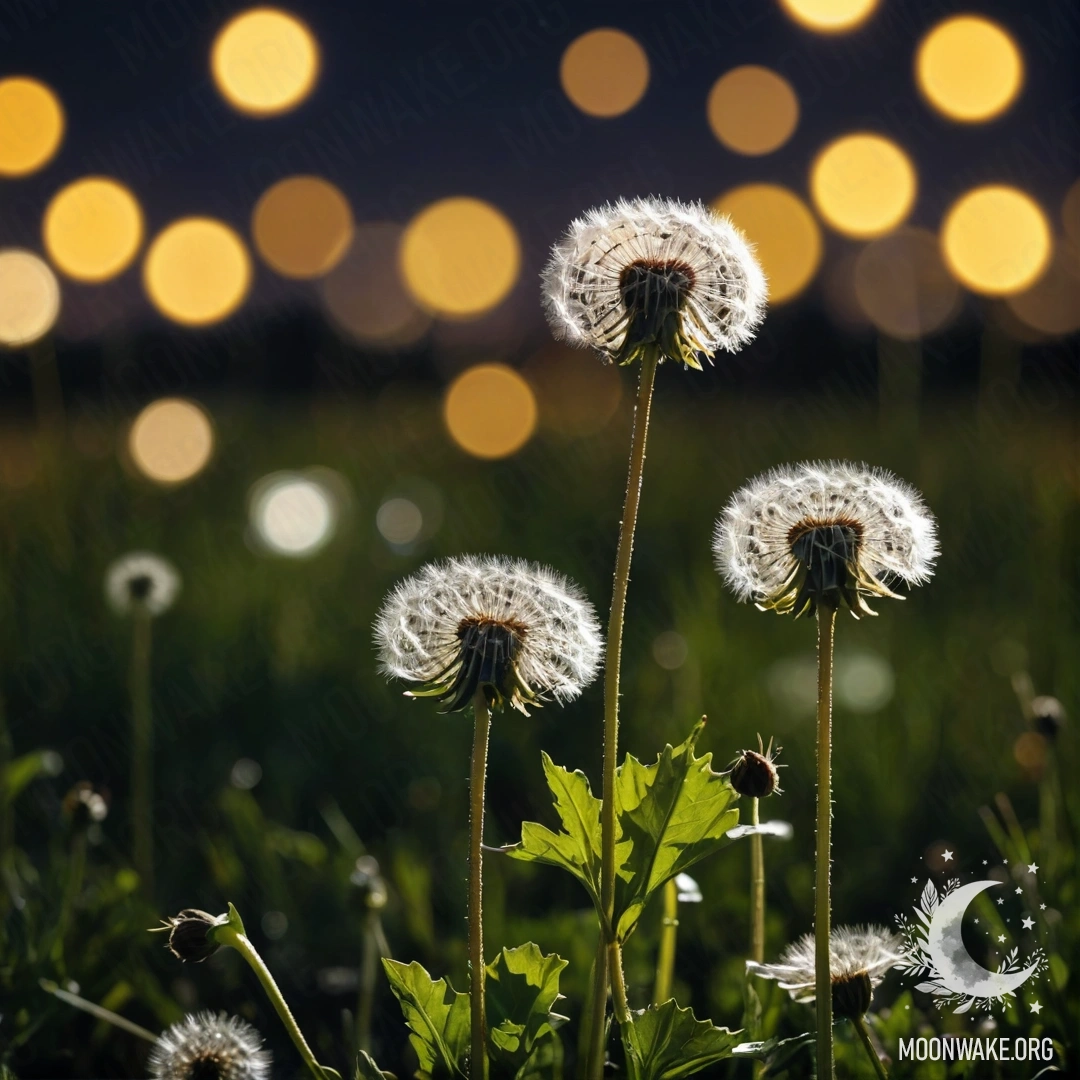 Close-up of dandelions in a peaceful field against a bokeh night sky.