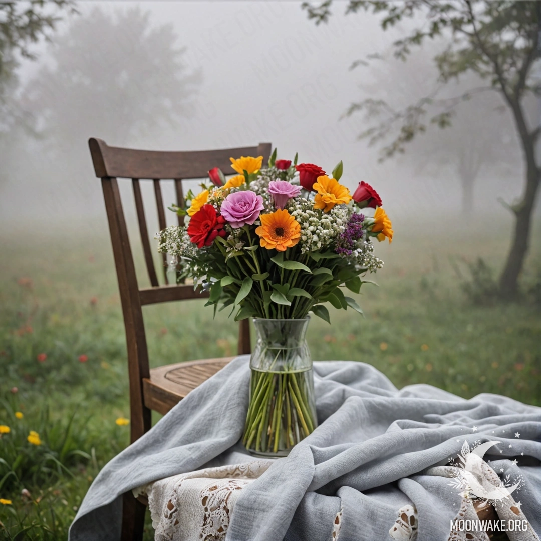 Whispers of Nature An abstract image of a chair against a shabby wall, adorned with a blanket and a bouquet of flowers in heavy fog.