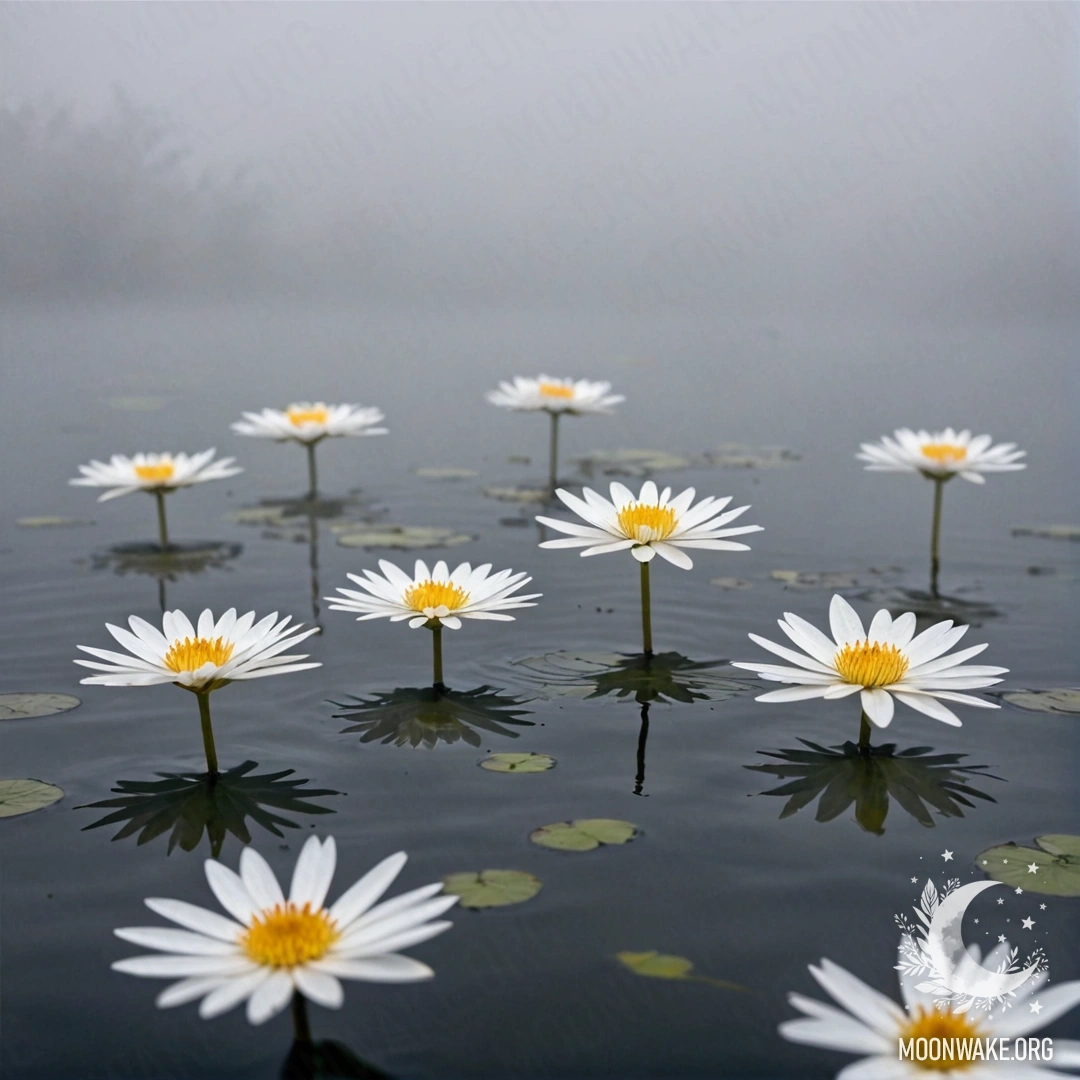 White Flowers on Foggy Water Surface Abstract representation of white flowers floating on a misty water surface.