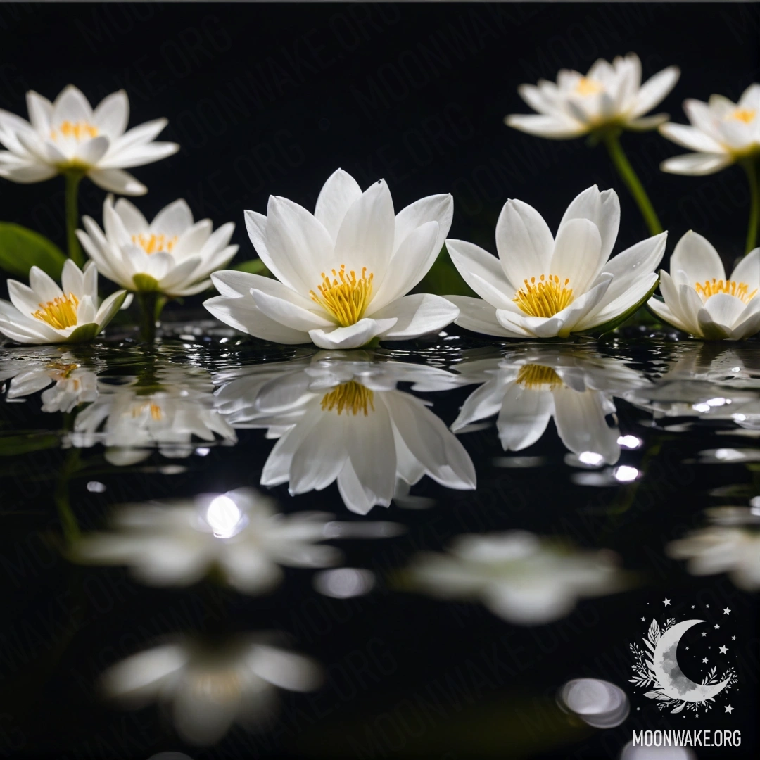 Serene White Flowers on Water at Night Delicate white flowers floating on a tranquil water surface under the night sky.